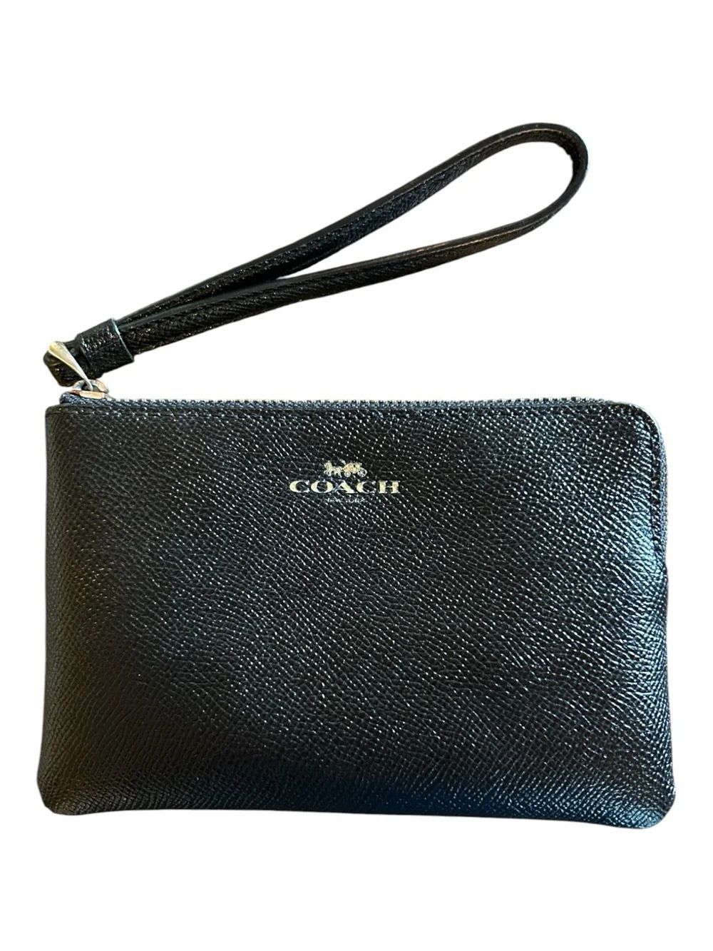 Coach Black Pebbled Leather Zip Wristlet with Strap 6” x 4”